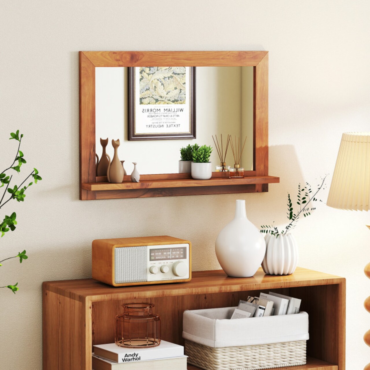 Rustic Teak Wood Mirror with Storage Shelf Rectangle Wall-Mounted Vanity for Bathroom or Hallway